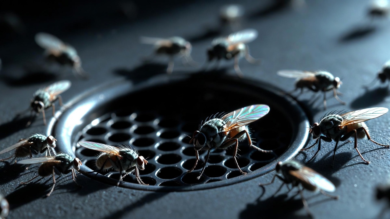 Drain flies clustered around a dark bathroom drain