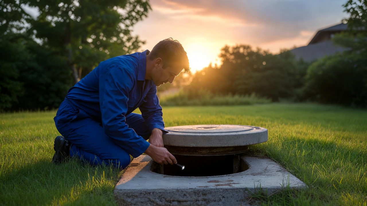 Professional technician inspecting a septic tank access point at golden hour