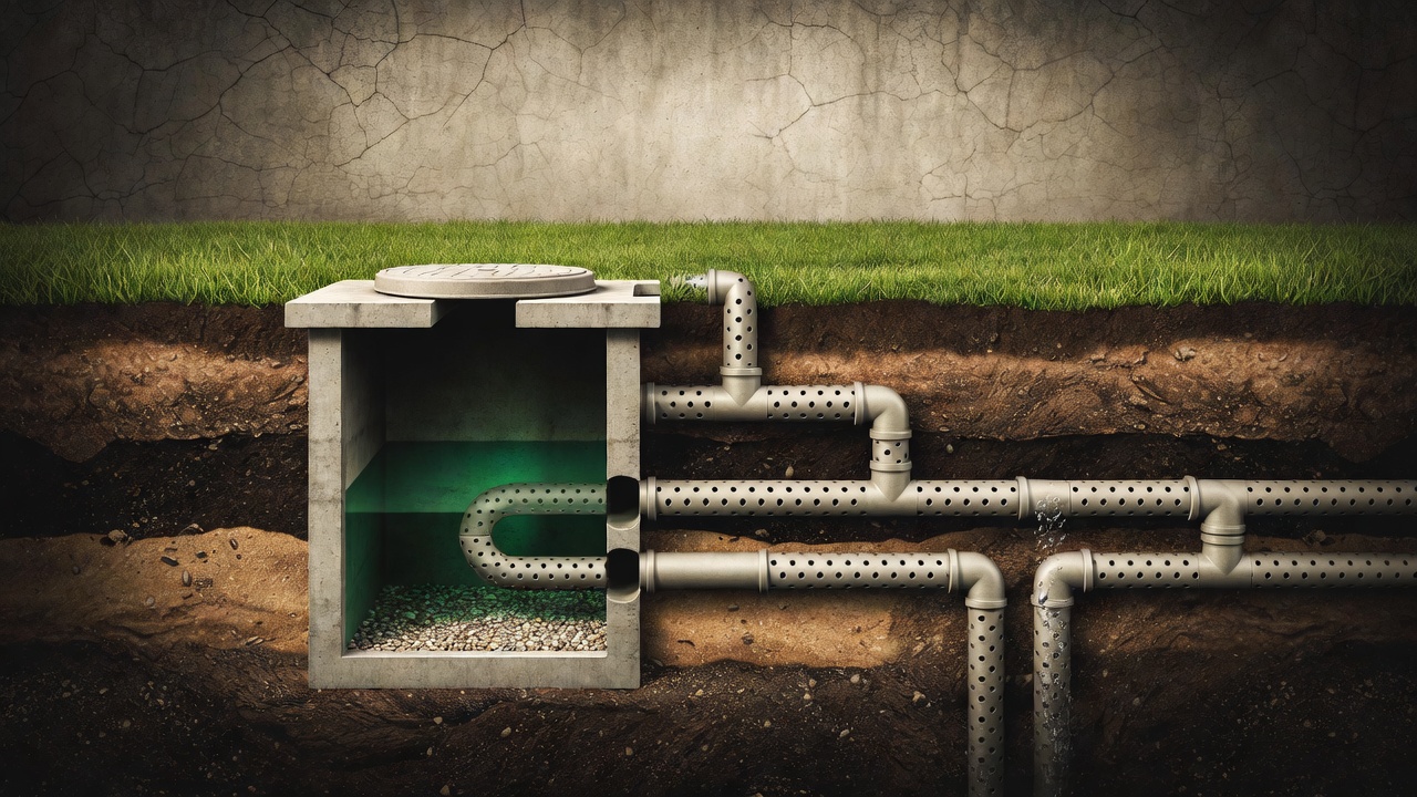 Underground cross-section diagram of a septic tank system with leach field pipes
