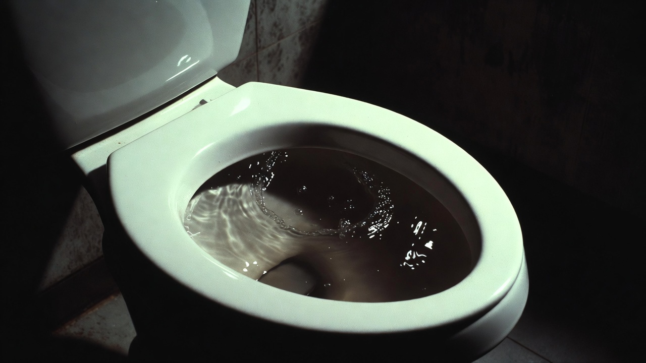 Dark moody toilet with murky water — warning sign of a full septic tank