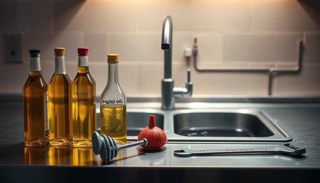 A stainless steel kitchen countertop, illuminated by warm, soft lighting. In the foreground, an array of different cooking oils - olive, vegetable, and canola - each in a clear glass bottle. Beside them, a plunger and a wrench, signifying the unseen world of septic tank maintenance. The middle ground features a sink, its basin filled with murky water, hinting at the potential consequences of pouring oils down the drain. In the background, the faint outline of a septic tank system, a reminder of the delicate balance between culinary indulgence and responsible household management. The overall mood is one of thoughtful contemplation, inviting the viewer to consider the impact of their everyday actions on the unseen infrastructure that supports their home.