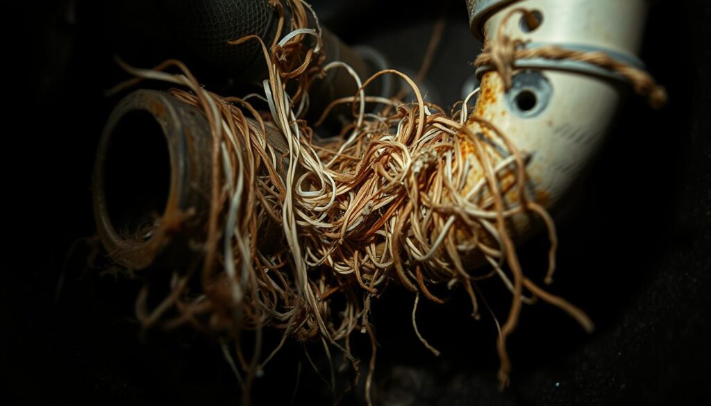 A clogged septic tank, pipes filled with tangled dental floss, hair, and other stringy debris. A close-up view, shot with a macro lens, highlights the intricate mess of materials blocking the system. Dim, moody lighting casts dramatic shadows, conveying the gravity of the situation. The scene is stark, stark and textural, drawing the viewer's attention to the problem at hand. An ominous, unsettling atmosphere permeates the image, emphasizing the importance of properly maintaining a septic tank.