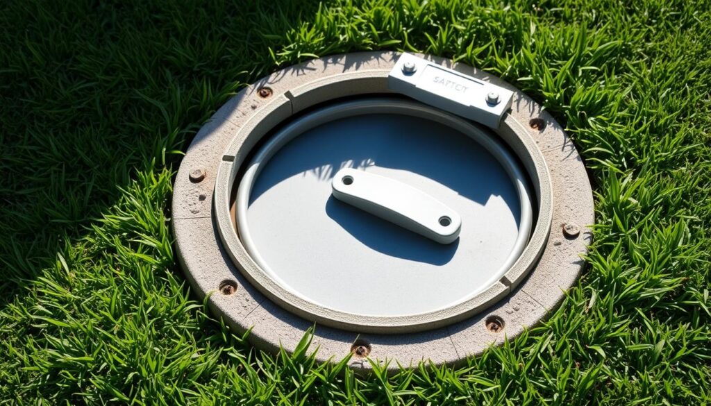 A close-up view of a septic tank inspection access hatch, positioned on a well-manicured lawn. The hatch is made of heavy-duty concrete, with a metal lid that has a safety handle. The surrounding grass is lush and green, creating a natural, uncluttered backdrop. Bright, diffused natural lighting illuminates the scene, casting soft shadows and highlighting the textural details of the hatch. The composition emphasizes the importance and practicality of this essential home maintenance task, conveying a sense of responsible homeownership and environmental awareness.