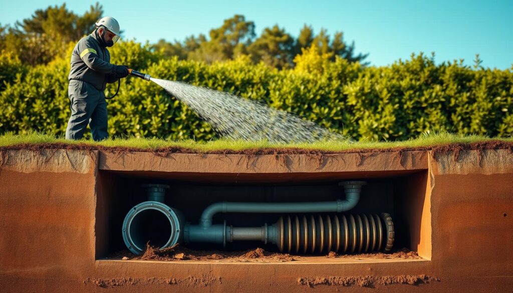 A cross-section view of a septic tank system, showcasing the cleaning process. In the foreground, a septic tank worker in protective gear uses a high-pressure hose to remove built-up sludge and waste. The middle ground reveals the internal structure of the tank, including the inlet, outlet, and baffles. In the background, lush green landscaping and a clear blue sky create a serene, natural setting. The scene is lit by warm, directional sunlight, casting subtle shadows and highlighting the details of the septic tank and cleaning equipment. The overall mood conveys the importance of proper septic tank maintenance for environmental and public health.