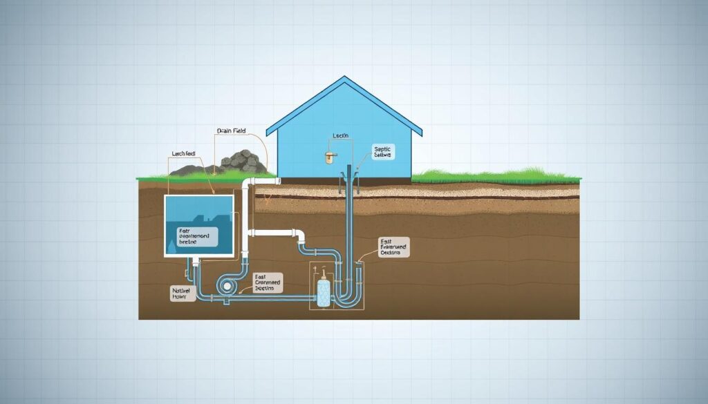 A cross-sectional diagram of various septic system types, showcased against a neutral background with subtle grid lines for scale and technicality. The main focus is on the key components of a septic system, including the septic tank, drain field, and leach field, each rendered in detailed, technical illustrations. The lighting is soft and evenly distributed, with a slight blue-gray tone to convey a sense of precision and engineering. The camera angle is slightly elevated to provide a clear, unobstructed view of the systems, allowing the viewer to easily discern the differences between common septic system designs. A cross-sectional diagram of various septic system types, showcased against a neutral background with subtle grid lines for scale and technicality. The main focus is on the key components of a septic system, including the septic tank, drain field, and leach field, each rendered in detailed, technical illustrations. The lighting is soft and evenly distributed, with a slight blue-gray tone to convey a sense of precision and engineering. The camera angle is slightly elevated to provide a clear, unobstructed view of the systems, allowing the viewer to easily discern the differences between common septic system designs.