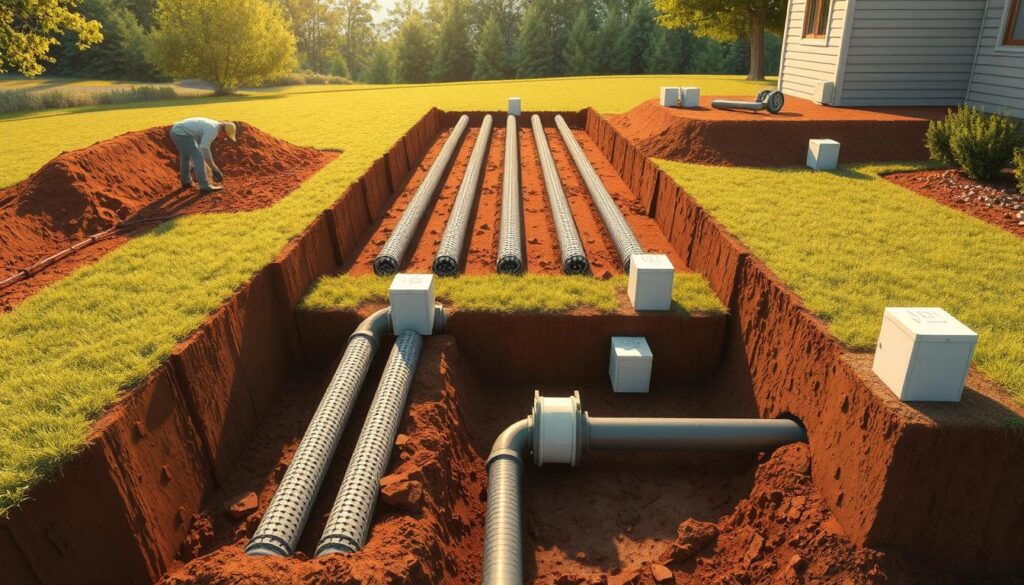 A detailed illustration of a residential drainfield installation. In the foreground, workers carefully excavate the soil, exposing the trench system. In the middle ground, rows of perforated pipes and distribution boxes are precisely positioned. The background showcases the lush, green landscape surrounding the site. Warm, natural lighting illuminates the scene, casting subtle shadows that highlight the intricate workmanship. The overall tone conveys the importance of a properly installed drainfield system for effective wastewater management.