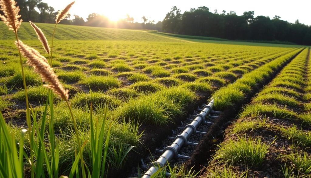 A lush, verdant field dotted with evenly spaced shallow trenches, each covered with a layer of gravel and soil. The sun casts a warm, golden glow over the scene, illuminating the intricate network of underground pipes that carry wastewater from the septic tank to this drain field. In the foreground, tall grasses sway gently in the breeze, while in the distance, the edges of the field are framed by a dense, leafy tree line. The overall atmosphere conveys a sense of functionality and environmental harmony, reflecting the crucial role this drain field plays in the proper functioning of a septic system. A lush, verdant field dotted with evenly spaced shallow trenches, each covered with a layer of gravel and soil. The sun casts a warm, golden glow over the scene, illuminating the intricate network of underground pipes that carry wastewater from the septic tank to this drain field. In the foreground, tall grasses sway gently in the breeze, while in the distance, the edges of the field are framed by a dense, leafy tree line. The overall atmosphere conveys a sense of functionality and environmental harmony, reflecting the crucial role this drain field plays in the proper functioning of a septic system.