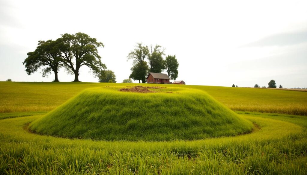 A lush, verdant field under a bright, overcast sky. In the foreground, a well-manicured mound septic system stands prominently, its gently sloping contours blending seamlessly with the surrounding landscape. Grasses and native plants cover the mound, adding a natural, organic feel. In the middle ground, a rural farmhouse or off-grid cabin nestles among towering trees, its modest architecture complementing the serene, pastoral setting. The angle captures the mound system from a slightly elevated perspective, showcasing its efficient design and integration with the environment. Warm, diffused lighting casts soft shadows, creating a sense of tranquility and harmony between the man-made and natural elements.