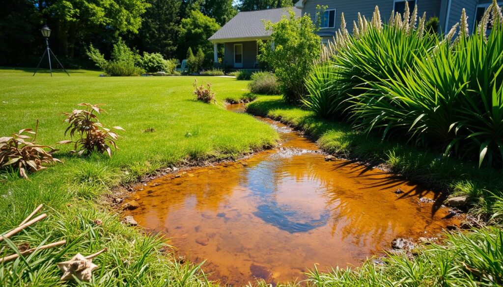 A lush, verdant yard with a clear, trickling stream cutting through the center. In the foreground, a shallow pool of stagnant water has formed, creating a murky, discolored patch of earth. Sodden grass and wilting plants surround the pool, hinting at a failing septic system beneath the surface. The middle ground features a well-maintained home, its neutral siding contrasting with the vibrant green foliage. Bright, warm sunlight bathes the scene, creating soft shadows and highlighting the signs of trouble. The overall mood is one of tranquility disrupted, a peaceful setting marred by an underlying problem. The camera angle is slightly elevated, providing a comprehensive view of the yard and its hidden issues. A lush, verdant yard with a clear, trickling stream cutting through the center. In the foreground, a shallow pool of stagnant water has formed, creating a murky, discolored patch of earth. Sodden grass and wilting plants surround the pool, hinting at a failing septic system beneath the surface. The middle ground features a well-maintained home, its neutral siding contrasting with the vibrant green foliage. Bright, warm sunlight bathes the scene, creating soft shadows and highlighting the signs of trouble. The overall mood is one of tranquility disrupted, a peaceful setting marred by an underlying problem. The camera angle is slightly elevated, providing a comprehensive view of the yard and its hidden issues.