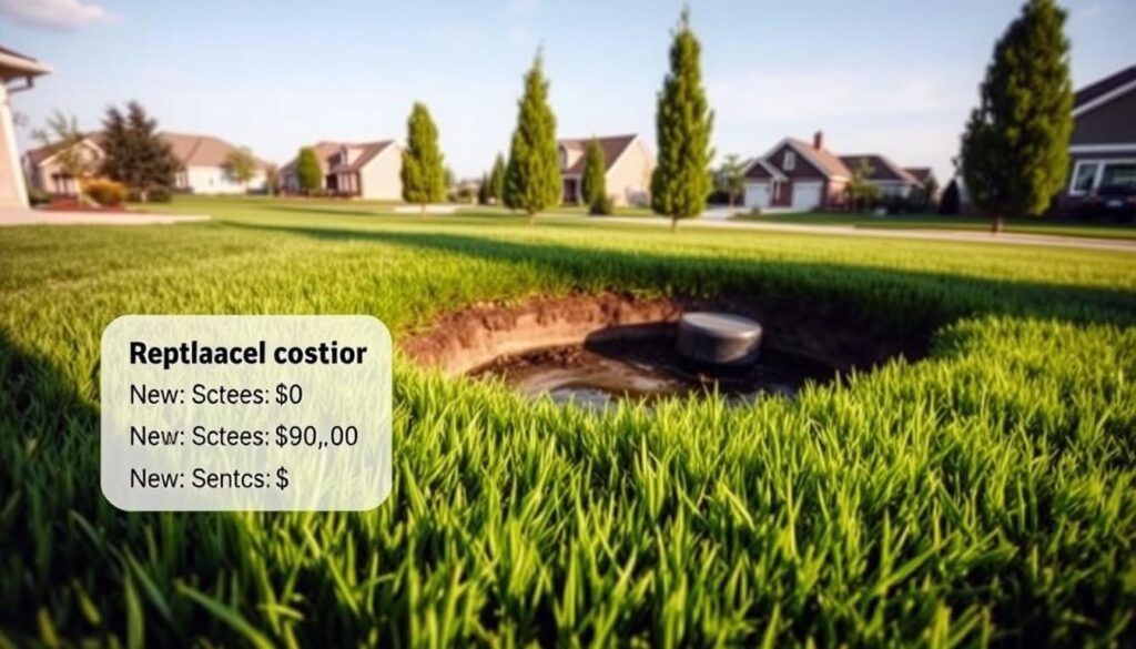 A modern septic system surrounded by lush green grass, with a breakdown of the replacement costs prominently displayed in the foreground. The system's components, such as the drainage field and septic tank, are visible in the middle ground, while the background features a tranquil suburban landscape with neatly trimmed trees and a clear sky. The image is captured with a wide-angle lens, creating a sense of depth and scale, and the lighting is soft and natural, casting gentle shadows across the scene. The overall mood is one of informative practicality, conveying the importance of septic system maintenance and the financial investment required for replacement. A modern septic system surrounded by lush green grass, with a breakdown of the replacement costs prominently displayed in the foreground. The system's components, such as the drainage field and septic tank, are visible in the middle ground, while the background features a tranquil suburban landscape with neatly trimmed trees and a clear sky. The image is captured with a wide-angle lens, creating a sense of depth and scale, and the lighting is soft and natural, casting gentle shadows across the scene. The overall mood is one of informative practicality, conveying the importance of septic system maintenance and the financial investment required for replacement.