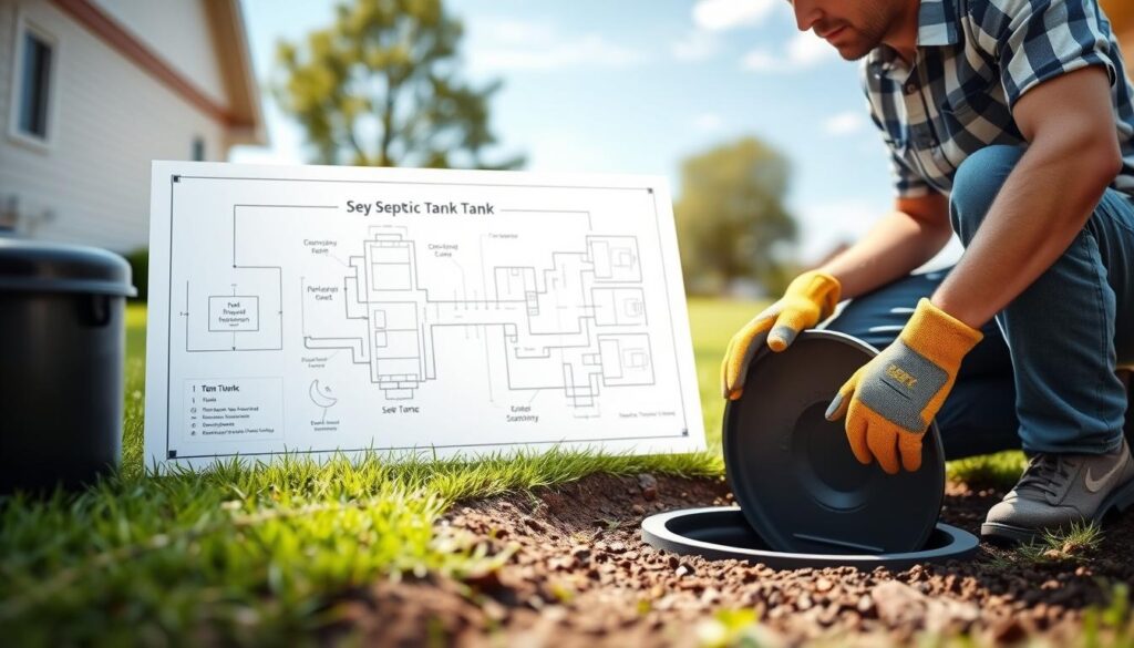 A neatly organized septic tank maintenance scene with a homeowner inspecting the system in the foreground. In the middle ground, a diagram or blueprint of the septic tank layout. In the background, a well-manicured lawn and a sunny, blue sky. Soft, diffused lighting illuminates the scene. The homeowner is wearing work gloves and kneeling next to the septic tank access port, examining it closely. The overall mood is informative and educational, conveying the importance of proper septic tank maintenance.