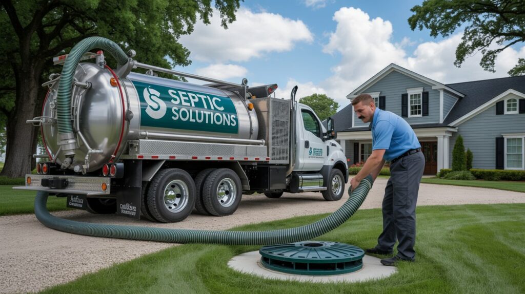 A photograph of a large, modern vacuum truck parked on the gravel driveway of a well-maintained suburban home. The truck, clearly marked with "SEPTIC SOLUTIONS" in bold white lettering, features a gleaming silver tank and a coiled industrial hose extending towards an open septic tank lid on the neatly manicured lawn. A uniformed technician with a neatly trimmed mustache is focused on connecting the hose, wearing a crisp blue shirt and dark work pants. The two-story home has a light gray facade with black shutters, framed by mature oak trees and a bright blue sky with fluffy cumulus clouds. A photograph of a large, modern vacuum truck parked on the gravel driveway of a well-maintained suburban home. The truck, clearly marked with "SEPTIC SOLUTIONS" in bold white lettering, features a gleaming silver tank and a coiled industrial hose extending towards an open septic tank lid on the neatly manicured lawn. A uniformed technician with a neatly trimmed mustache is focused on connecting the hose, wearing a crisp blue shirt and dark work pants. The two-story home has a light gray facade with black shutters, framed by mature oak trees and a bright blue sky with fluffy cumulus clouds.