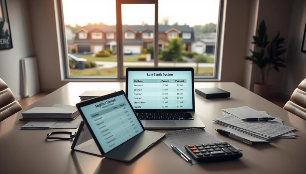 A sleek, minimalist office setting with a large desk showcasing various financial documents and calculators. The scene is illuminated by warm, focused lighting, creating a professional and authoritative atmosphere. In the foreground, an open laptop displays different loan options and payment plans for a septic system installation project. In the background, a large window offers a scenic view of a suburban neighborhood, hinting at the real-world context of the financing decisions. The overall composition conveys a sense of thoughtful consideration and financial expertise in addressing the costs of a septic system upgrade.
