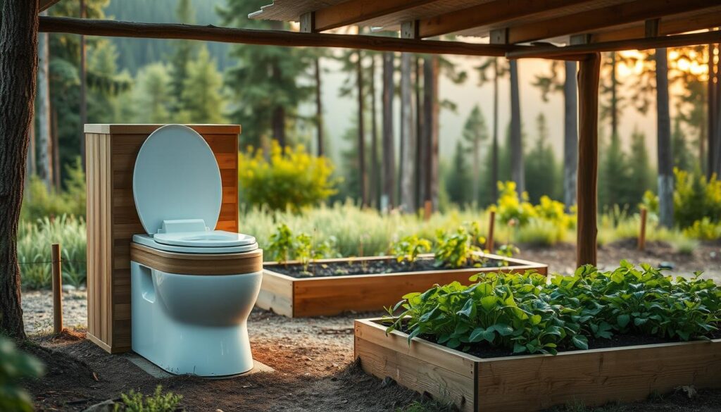 A well-designed and eco-friendly composting toilet system set in a tranquil, off-grid environment. In the foreground, a modern composting toilet unit with a sleek, wooden exterior blends seamlessly into the natural surroundings. The middle ground features a raised garden bed, where the nutrient-rich compost from the toilet is used to nourish lush, thriving vegetation. In the background, a serene, forested landscape with soft, diffused lighting creates a calming, sustainable atmosphere. The scene conveys a harmonious integration of technology and nature, showcasing a self-contained, water-saving alternative to traditional septic systems.