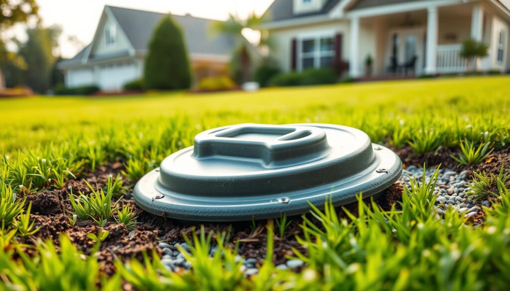 A well-lit close-up shot of a septic tank access cover, with lush green grass and a picturesque suburban home in the background. The tank cover features a durable plastic or concrete construction, with a sturdy handle for easy opening. Soil and gravel surround the cover, showcasing proper landscaping and drainage. The image conveys a sense of responsible homeownership, with the septic tank maintenance serving as a key component of a healthy, sustainable property. Diffused natural lighting illuminates the scene, creating a warm, inviting atmosphere that encourages the viewer to consider their own septic system care. A well-lit close-up shot of a septic tank access cover, with lush green grass and a picturesque suburban home in the background. The tank cover features a durable plastic or concrete construction, with a sturdy handle for easy opening. Soil and gravel surround the cover, showcasing proper landscaping and drainage. The image conveys a sense of responsible homeownership, with the septic tank maintenance serving as a key component of a healthy, sustainable property. Diffused natural lighting illuminates the scene, creating a warm, inviting atmosphere that encourages the viewer to consider their own septic system care.