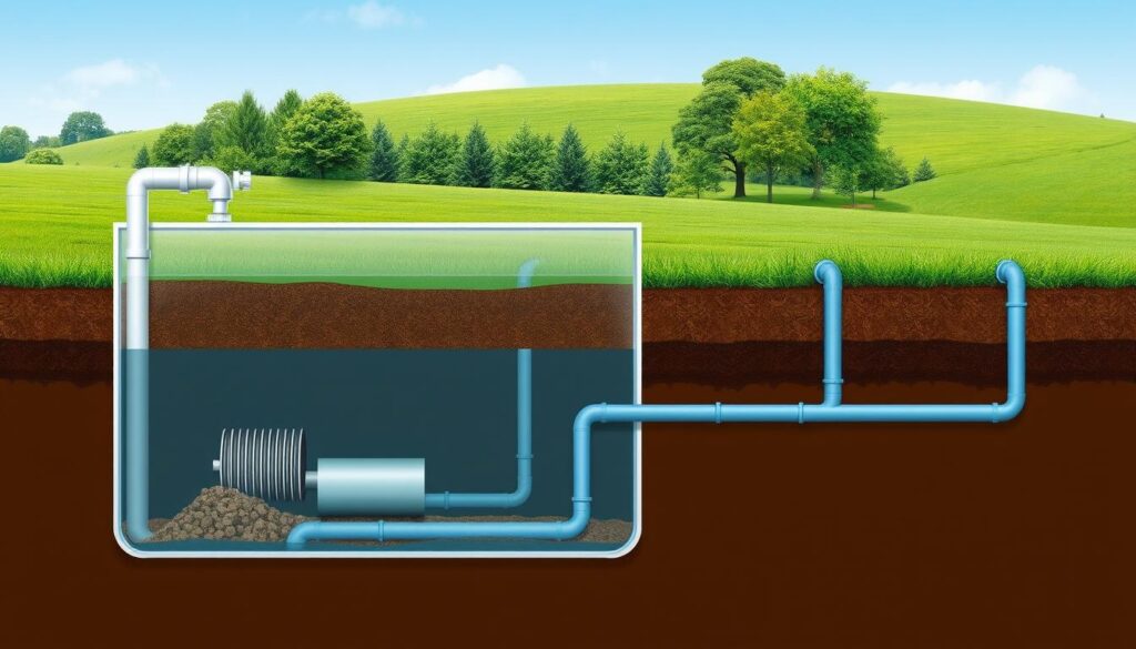 A well-lit, cross-sectional diagram of a septic tank showcasing the key components and flow of wastewater. The foreground features a cutaway view exposing the tank's internal structure, including the inlet, baffles, and access ports. The middle ground depicts the leach field and drainage pipes, illustrating the proper dispersal of effluent. The background features a lush, verdant landscape to convey the natural, sustainable nature of a healthy septic system. The overall scene is rendered in a clean, technical style with a focus on educational clarity, emphasizing the importance of regular maintenance and monitoring for long-term septic system health. A well-lit, cross-sectional diagram of a septic tank showcasing the key components and flow of wastewater. The foreground features a cutaway view exposing the tank's internal structure, including the inlet, baffles, and access ports. The middle ground depicts the leach field and drainage pipes, illustrating the proper dispersal of effluent. The background features a lush, verdant landscape to convey the natural, sustainable nature of a healthy septic system. The overall scene is rendered in a clean, technical style with a focus on educational clarity, emphasizing the importance of regular maintenance and monitoring for long-term septic system health.