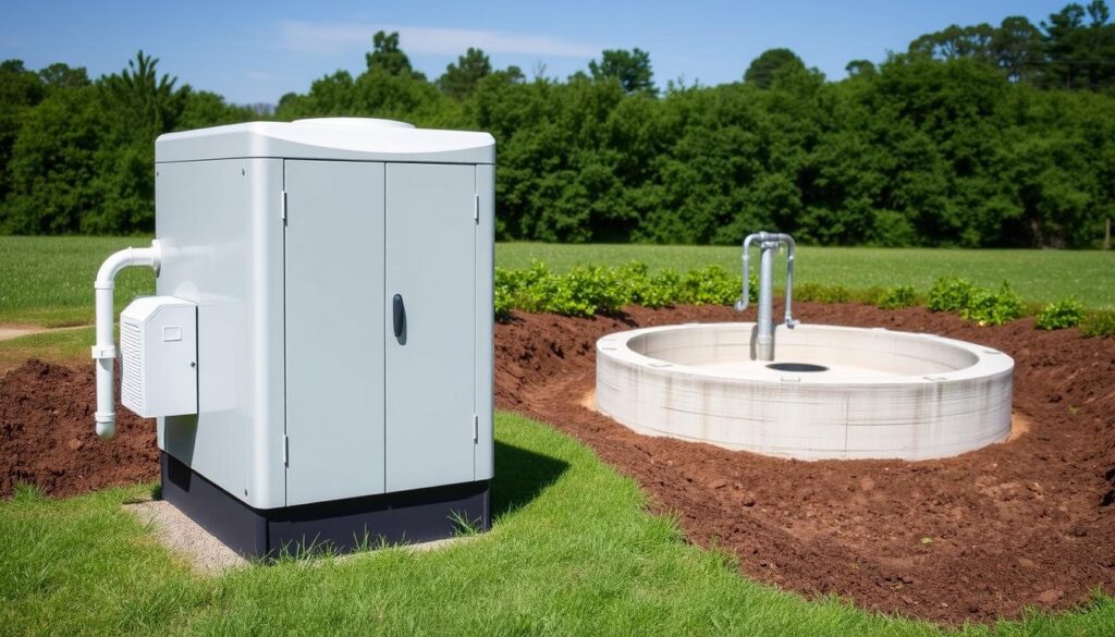 A well-lit, detailed comparison of an aerobic treatment unit and a conventional septic system. In the foreground, the aerobic unit stands out with its sleek, modern design and clear access panels. The septic system occupies the middle ground, its concrete tank and leach field visible. In the background, a lush, verdant landscape sets the scene. The lighting is natural and even, casting soft shadows that highlight the textures and contours of the systems. The camera angle is slightly elevated, providing an informative, objective perspective on the two wastewater treatment options.