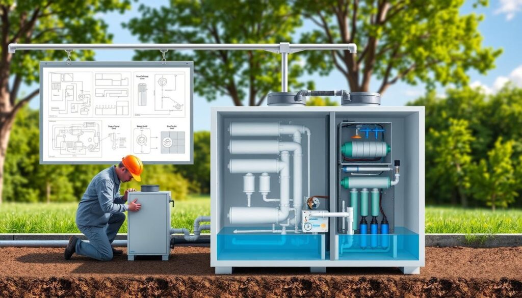 A well-lit, detailed illustration showcasing the step-by-step installation process of an aerobic treatment unit. In the foreground, a technician is carefully connecting the unit's components, with clear schematics and diagrams displayed in the background. The middle ground features a cutaway view of the unit's internal structure, highlighting its key mechanisms and filtration systems. The background depicts a serene outdoor setting, with lush greenery and a clear blue sky, emphasizing the environmental benefits of this sustainable wastewater treatment solution. The overall composition conveys a sense of precision, technical expertise, and environmental harmony.