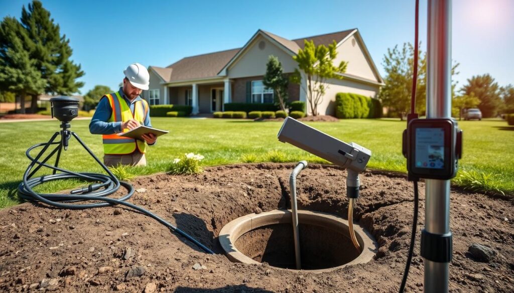 A well-lit, high-resolution scene of a professional septic system inspection. In the foreground, a worker in a reflective vest and hard hat carefully examines the septic tank access point with a clipboard. In the middle ground, advanced inspection equipment like a camera on a pole and a handheld digital device are visible. The background depicts a neatly landscaped suburban property, with a house and lush greenery. The lighting is clear and natural, conveying a sense of diligence and professionalism. The camera angle is slightly elevated, providing an authoritative, comprehensive view of the inspection process. A well-lit, high-resolution scene of a professional septic system inspection. In the foreground, a worker in a reflective vest and hard hat carefully examines the septic tank access point with a clipboard. In the middle ground, advanced inspection equipment like a camera on a pole and a handheld digital device are visible. The background depicts a neatly landscaped suburban property, with a house and lush greenery. The lighting is clear and natural, conveying a sense of diligence and professionalism. The camera angle is slightly elevated, providing an authoritative, comprehensive view of the inspection process.