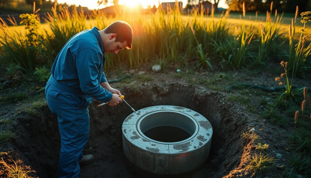 A well-maintained septic system, backlit by the warm afternoon sun, with a technician in a blue jumpsuit carefully inspecting the access port. The scene exudes a sense of diligence and responsibility, capturing the importance of proactive septic tank maintenance. The crisp, detailed image showcases the technician's tools, the concrete septic tank, and the lush, verdant landscape that surrounds it, conveying the care and attention required to ensure the system's proper function. The composition emphasizes the technician's focused gaze and the careful, methodical nature of the inspection, underscoring the expertise and attention to detail necessary for effective septic tank maintenance. A well-maintained septic system, backlit by the warm afternoon sun, with a technician in a blue jumpsuit carefully inspecting the access port. The scene exudes a sense of diligence and responsibility, capturing the importance of proactive septic tank maintenance. The crisp, detailed image showcases the technician's tools, the concrete septic tank, and the lush, verdant landscape that surrounds it, conveying the care and attention required to ensure the system's proper function. The composition emphasizes the technician's focused gaze and the careful, methodical nature of the inspection, underscoring the expertise and attention to detail necessary for effective septic tank maintenance.