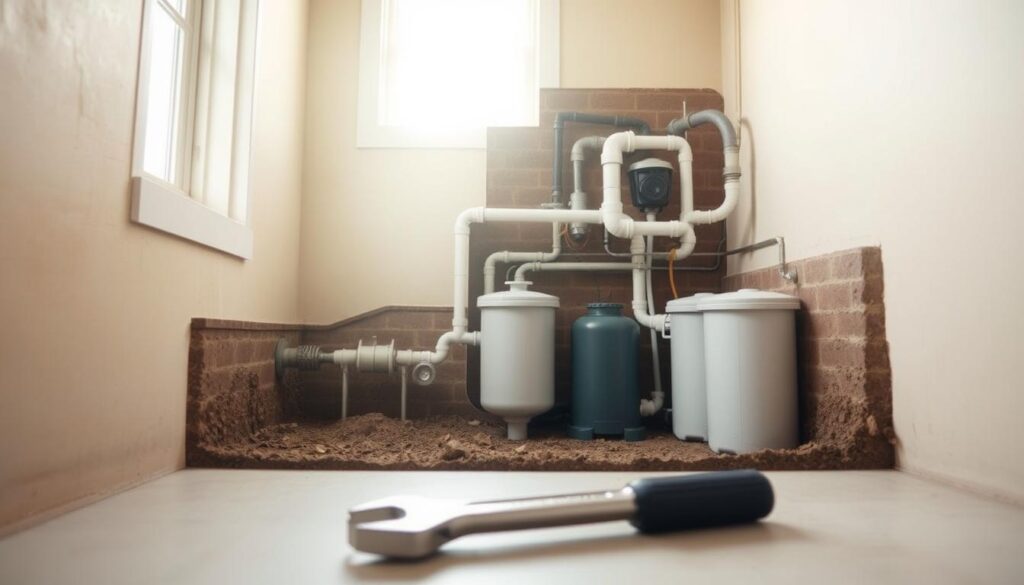 A well-maintained septic system is the foundation for a healthy, odor-free home. A cutaway view reveals the intricate network of pipes, tanks, and filters meticulously engineered to process household waste. Sunlight streams through a window, illuminating the clean, efficient machinery. In the foreground, a wrench and screwdriver lay neatly on a work surface, ready for routine maintenance. The scene conveys a sense of order, control, and the peace of mind that comes from a properly functioning septic system. This image captures the practical, behind-the-scenes benefits that go beyond just odor control, highlighting the importance of responsible septic system upkeep. A well-maintained septic system is the foundation for a healthy, odor-free home. A cutaway view reveals the intricate network of pipes, tanks, and filters meticulously engineered to process household waste. Sunlight streams through a window, illuminating the clean, efficient machinery. In the foreground, a wrench and screwdriver lay neatly on a work surface, ready for routine maintenance. The scene conveys a sense of order, control, and the peace of mind that comes from a properly functioning septic system. This image captures the practical, behind-the-scenes benefits that go beyond just odor control, highlighting the importance of responsible septic system upkeep.