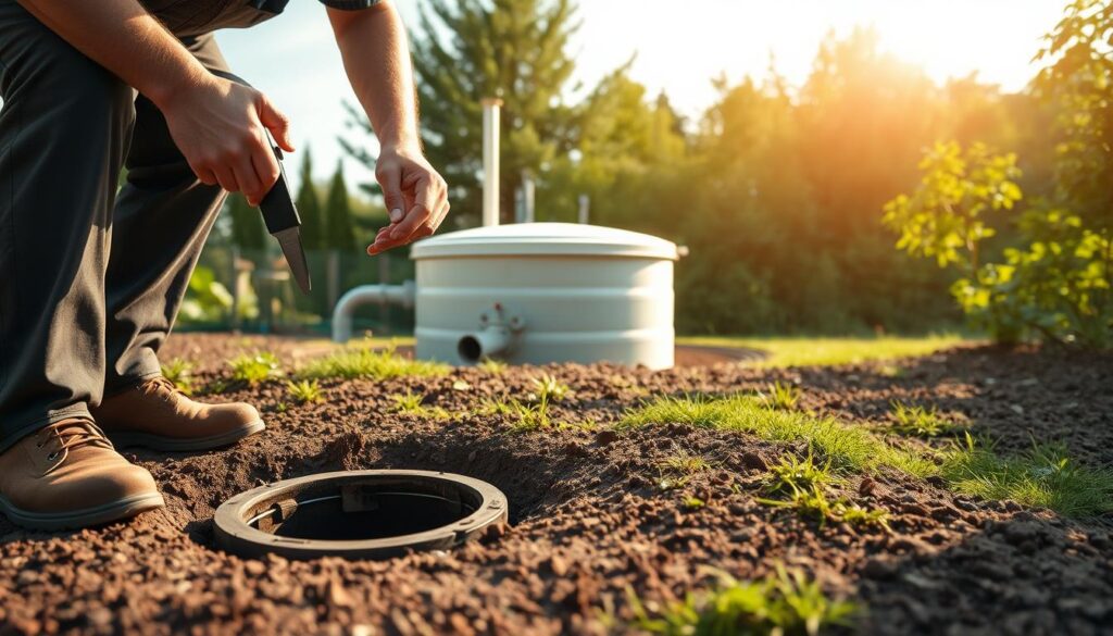 A well-maintained septic system, the heart of a home's waste management. In the foreground, a plumber carefully inspects the access port, tools in hand, ensuring proper function. The middle ground features the septic tank, its serene exterior belying the vital work within. In the background, lush greenery and a clear sky, symbolizing the harmony between the system and its natural surroundings. Diffused sunlight casts a warm glow, evoking a sense of diligence and care. The scene conveys the importance of regular septic system maintenance, a crucial step in preventing costly kitchen remodel-related issues. A well-maintained septic system, the heart of a home's waste management. In the foreground, a plumber carefully inspects the access port, tools in hand, ensuring proper function. The middle ground features the septic tank, its serene exterior belying the vital work within. In the background, lush greenery and a clear sky, symbolizing the harmony between the system and its natural surroundings. Diffused sunlight casts a warm glow, evoking a sense of diligence and care. The scene conveys the importance of regular septic system maintenance, a crucial step in preventing costly kitchen remodel-related issues.