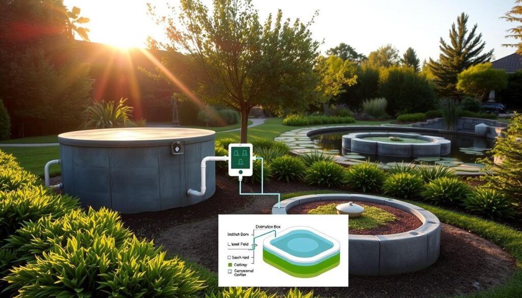 A well-maintained septic tank installation in a lush, verdant backyard setting. The foreground showcases the septic tank's concrete structure, surrounded by carefully landscaped greenery. In the middle ground, a detailed diagram illustrates the system's layout, including the distribution box and leach field. The background features a tranquil pond or water feature, with the sun casting a warm, golden glow across the scene. The overall mood conveys a sense of harmony between the home's infrastructure and the natural environment. A well-maintained septic tank installation in a lush, verdant backyard setting. The foreground showcases the septic tank's concrete structure, surrounded by carefully landscaped greenery. In the middle ground, a detailed diagram illustrates the system's layout, including the distribution box and leach field. The background features a tranquil pond or water feature, with the sun casting a warm, golden glow across the scene. The overall mood conveys a sense of harmony between the home's infrastructure and the natural environment.