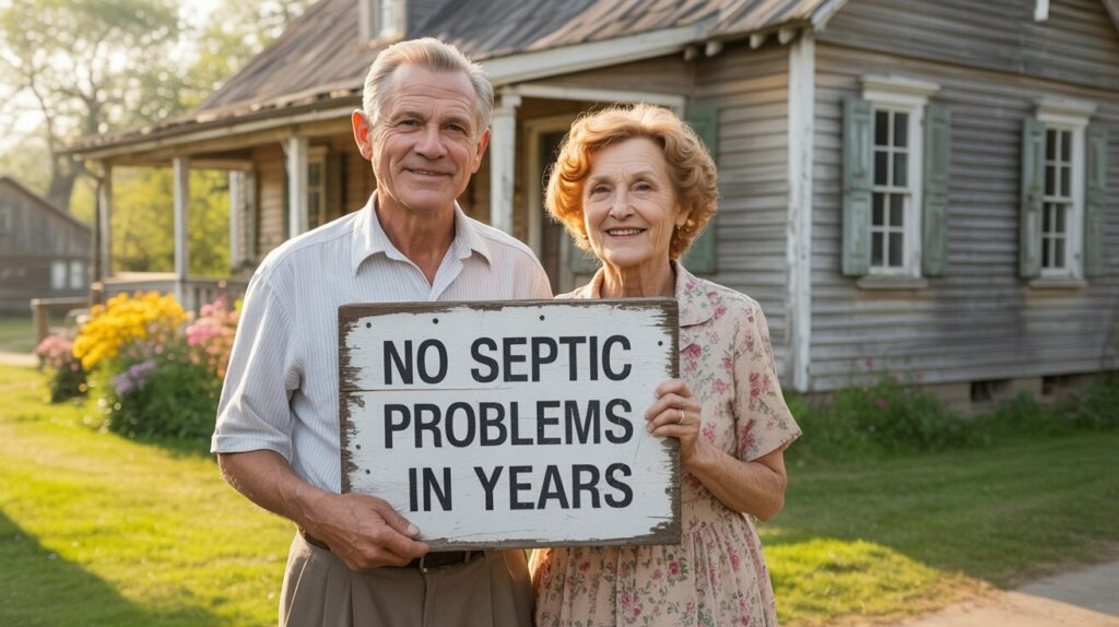 Elderly couple in front of country home holding a sign that reads 'No septic problems in years' Elderly couple in front of country home holding a sign that reads 'No septic problems in years'