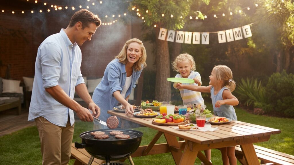Family enjoying backyard BBQ with fresh air and no septic odors Family enjoying backyard BBQ with fresh air and no septic odors