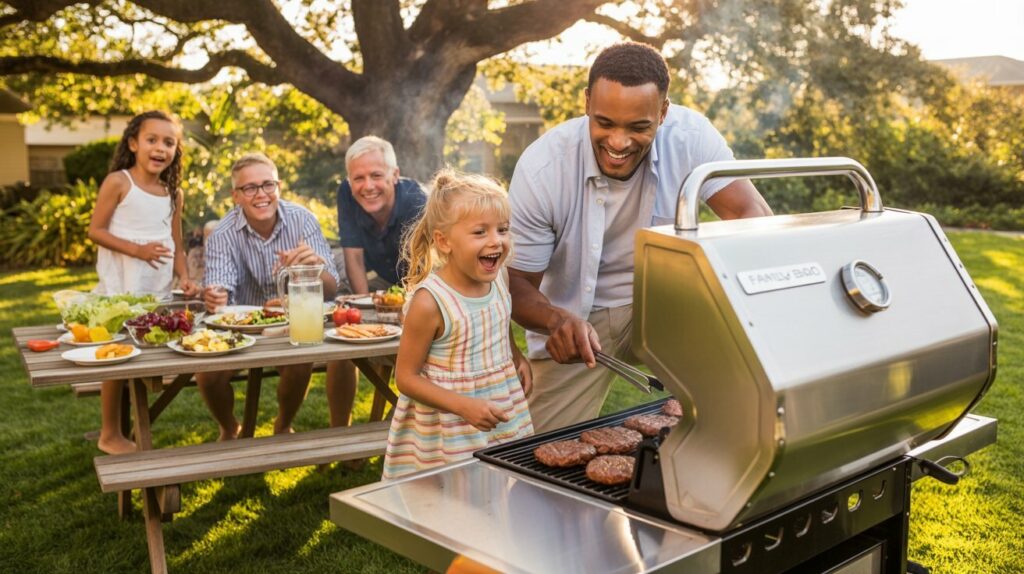 Family enjoying backyard BBQ with fresh air and no septic odors Family enjoying backyard BBQ with fresh air and no septic odors