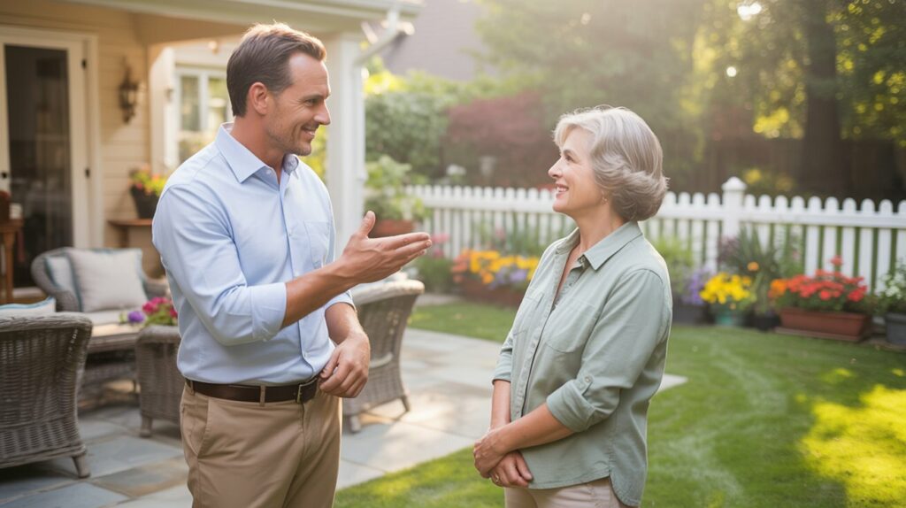 Property manager explaining SEPTIFIX benefits to homeowner Property manager explaining SEPTIFIX benefits to homeowner