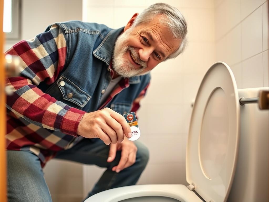 Rural homeowner dropping a SEPTIFIX tablet into toilet Rural homeowner dropping a SEPTIFIX tablet into toilet