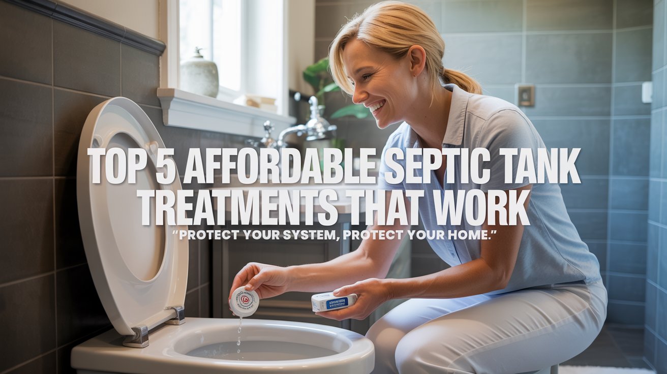 A bright and inviting lifestyle advertisement for septic tank treatments, featuring a woman in her late 30s smiling confidently as she drops a septic tank treatment tablet into a modern, clean toilet bowl. The scene is set in a well-lit, stylishly decorated bathroom with muted grey and white tones, emphasizing cleanliness and efficiency, with sunlight streaming through a nearby window. Bold, stylized text overlaying the image reads “Top 5 Affordable Septic Tank Treatments That Work” in a clean, modern font, with a smaller tagline underneath: “Protect Your System, Protect Your Home," subtly reinforcing the benefits. The overall aesthetic is reassuring and informative, conveying a sense of ease and reliability for homeowners concerned about septic system maintenance.