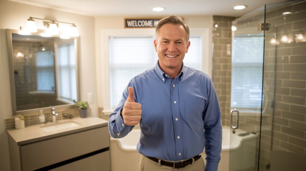 A brightly lit, interior photograph depicts a beaming, middle-aged man standing proudly in his newly renovated bathroom, giving a thumbs up. He has short, neatly combed graying hair, a warm smile, and is dressed in a crisp blue button-down shirt and khaki pants, exuding a sense of accomplishment. The bathroom features modern, sleek fixtures, including a floating vanity with a stone countertop, a glass-enclosed shower, and subway tile backsplash, all illuminated by recessed lighting above. Soft natural light filters through a frosted window, creating a clean and inviting atmosphere, and a small sign above the mirror reads “"Welcome Home"".