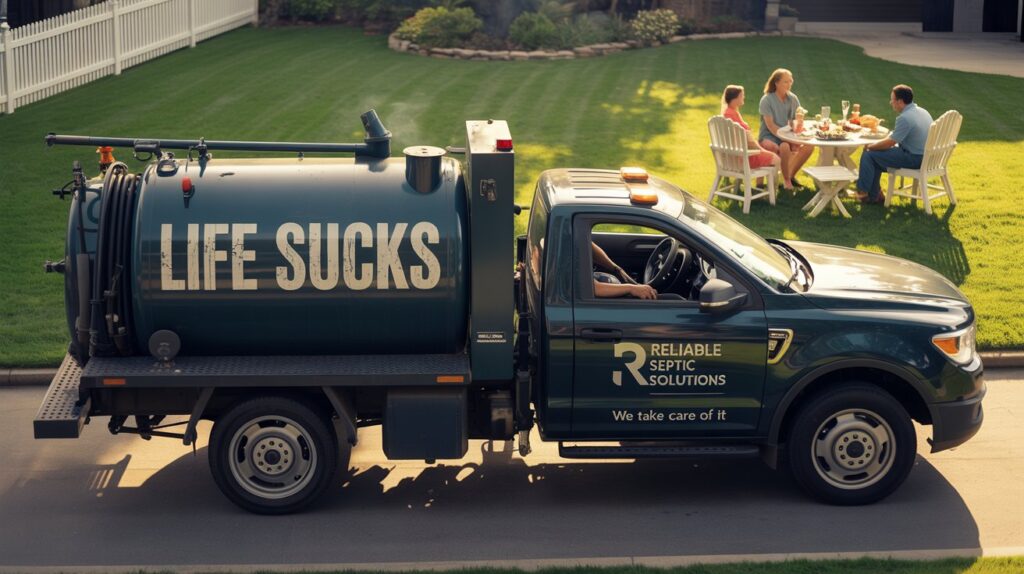 A professional septic tank pumping truck parked in a suburban driveway, its hose extending towards an open septic tank lid. In the foreground, a uniformed worker examines the tank's condition using specialized tools. The middle ground features a well-maintained lawn and lush greenery, conveying a sense of residential tranquility. The background depicts a clear, sunny sky with wispy clouds, illuminating the scene with a soft, natural lighting. The overall composition suggests a reliable, efficient septic tank maintenance service catering to the needs of responsible homeowners. A darkly humorous lifestyle advertisement featuring a modern septic tank pump truck, subtly branded with the name "Reliable Septic Solutions," parked in a meticulously manicured suburban backyard, contrasting the truck's utilitarian nature with the pristine setting. The truck's side panel prominently displays the phrase "Life Sucks" in distressed white lettering, playing on a relatable sentiment with a touch of dark humor. The scene is bathed in late afternoon golden light, casting long shadows and highlighting the perfectly green lawn, a white picket fence, and a family enjoying a barbecue in the background, subtly juxtaposing the mundane with the necessary. A small, tastefully designed logo for "Reliable Septic Solutions" appears discreetly on the truck's door, accompanied by the tagline "We Take Care of It" in a clean, modern font to create a memorable, unexpected, and shareable advertisement.