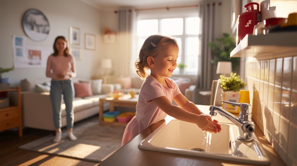 Does Septifix Contain Bleach? A heartwarming illustration depicting "Health and Safety at Home" focused on a cozy living room scene. A smiling child is demonstrating proper handwashing technique at a bright, modern sink while a parent looks on approvingly in the background. The room features child-proofed furniture, smoke detectors, and a first-aid kit visibly displayed on a shelf, bathed in soft, warm sunlight streaming through a window. The overall atmosphere is one of security, care, and proactive safety measures within a comfortable and inviting home environment.