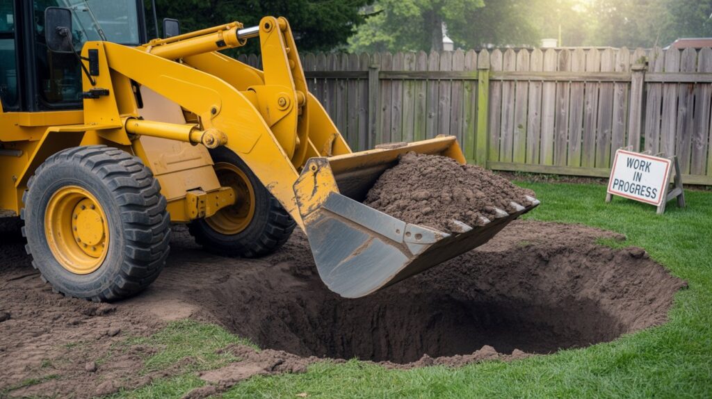 Burial Depth Recommendations for a Septic Tank A photograph of a bright yellow construction loader diligently digging a large hole in a lush green backyard. The loader's bucket is filled with dark soil, slightly tilted forward as it continues to excavate, and its treads leave deep marks in the damp grass. A weathered wooden fence borders the backyard, and a cheerful "WORK IN PROGRESS" sign is partially visible near the edge of the hole. Soft, diffused sunlight illuminates the scene, casting gentle shadows across the freshly disturbed earth.