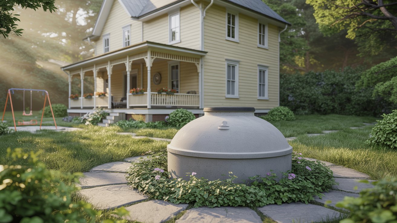 A photograph of a charming two-story Victorian home with a wraparound porch, painted in a soft cream color. In the backyard, partially obscured by lush greenery, sits a well-maintained concrete septic tank, discreetly integrated into the landscape with climbing ivy and potted flowers. A stone path leads from the back door to a small patio where a child's swing set is visible, adding a touch of whimsy. Soft, diffused sunlight bathes the scene, creating a warm and inviting atmosphere.