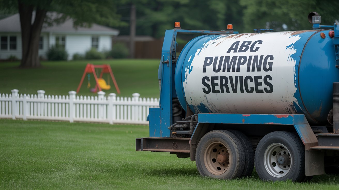A photograph of a large, industrial septic tank pump truck parked in a meticulously manicured suburban backyard. The truck is a faded sky blue with peeling white accents and the words "ABC Pumping Services" clearly displayed on its side in bold black lettering. Lush green grass surrounds the truck, with a white picket fence bordering the yard and a bright red child's swing set visible in the blurred background. The scene is bathed in the soft, diffused light of an overcast afternoon.