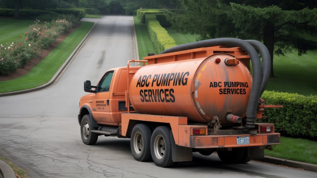 A well-lit, photorealistic image of a septic tank being pumped by a truck-mounted vacuum system. The septic tank is set in a lush, green lawn, surrounded by neatly trimmed hedges and a picket fence. The pumping truck is parked nearby, its hose extending to the septic tank opening. The technician in a reflective safety vest is operating the pumping equipment, ensuring efficient and thorough removal of the waste. The scene conveys a sense of routine maintenance, with the homeowner observing the process from a respectful distance. The overall mood is one of responsible and environmentally-conscious home ownership. A photograph of a large, orange septic tank pump truck parked in a long, curving residential driveway. The truck is a faded orange color with black lettering that reads "ABC Pumping Services" in "bold black font" along its sides, with its large vacuum hose neatly coiled on the back. The driveway is made of cracked asphalt, lined with neatly trimmed green hedges and a vibrant rose garden. Soft, overcast lighting casts a subdued tone over the scene.