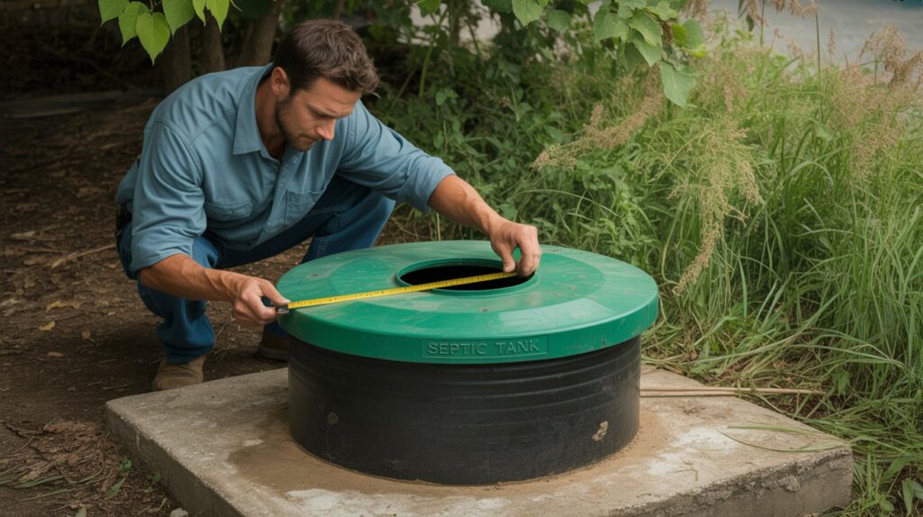 A detailed technical illustration of a septic tank riser, showcasing its key specifications and design elements. The riser is depicted in a clean, well-lit environment, with a neutral background that allows the subject to take center stage. The illustration highlights the riser's diameter, depth, material composition, and any essential access points or attachments. The overall mood is informative and technical, conveying the necessary details a homeowner would need to understand the septic tank riser's function and installation requirements. A photograph of a man in a faded blue work shirt meticulously measuring the circumference of a newly installed septic tank access point. The tank itself is a sturdy black cylinder with a vibrant, almost neon green lid that sits squarely on a weathered concrete slab. Patches of thick, wild grasses and tenacious weeds sprout around the tank, hinting at a rural setting, and dappled sunlight filters through the leaves above creating subtle shadows. The scene is captured with a shallow depth of field, subtly blurring the background vegetation to emphasize the man and the "Septic Tank" label embossed on the lid.