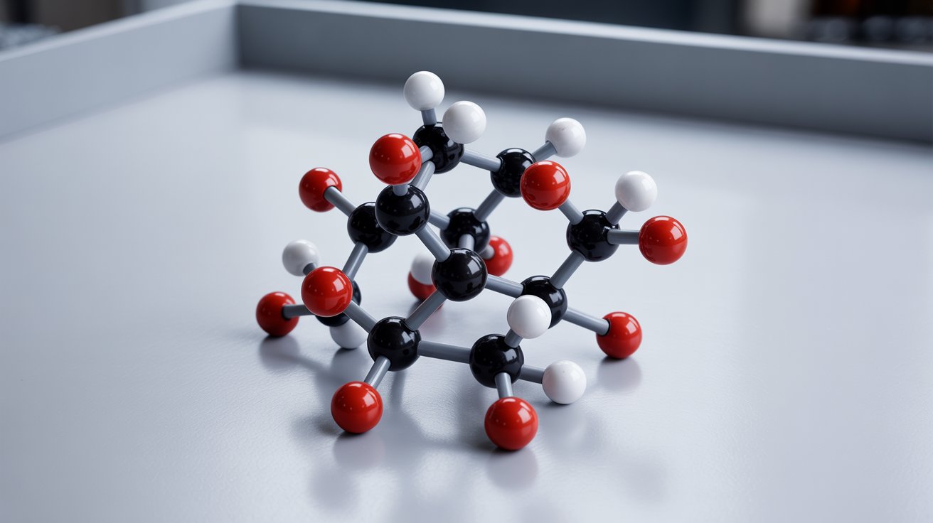 A photograph of a meticulously constructed molecular model depicting the ester compound ethyl acetate, showcasing its precise chemical structure. The model features brightly colored plastic spheres representing atoms: black for carbon, red for oxygen, and white for hydrogen, all connected by sturdy gray rods to illustrate chemical bonds. The ester model sits centered on a stark white laboratory surface, illuminated by diffused overhead lighting that minimizes shadows and highlights the molecular arrangement. Subtle reflections on the plastic spheres suggest a clean and sterile environment, furthering the educational nature of the image.