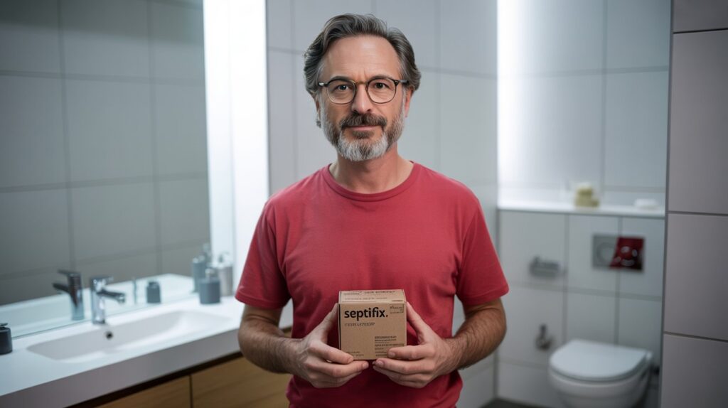 Optimal Frequency for Using Septifix Tablets A photograph of a middle-aged man with a neatly trimmed salt-and-pepper beard and rectangular glasses, wearing a vibrant red t-shirt and standing in a modern, minimalist bathroom. He confidently holds a slightly worn cardboard box labeled “SEPTIFIX” with visible creases and tape, positioned slightly to his right. The bathroom features stark white tiles, a sleek chrome sink, and a modern white toilet subtly blurred in the background, all illuminated by soft, diffused light streaming from a nearby window. The overall scene evokes a sense of quiet practicality and understated confidence.