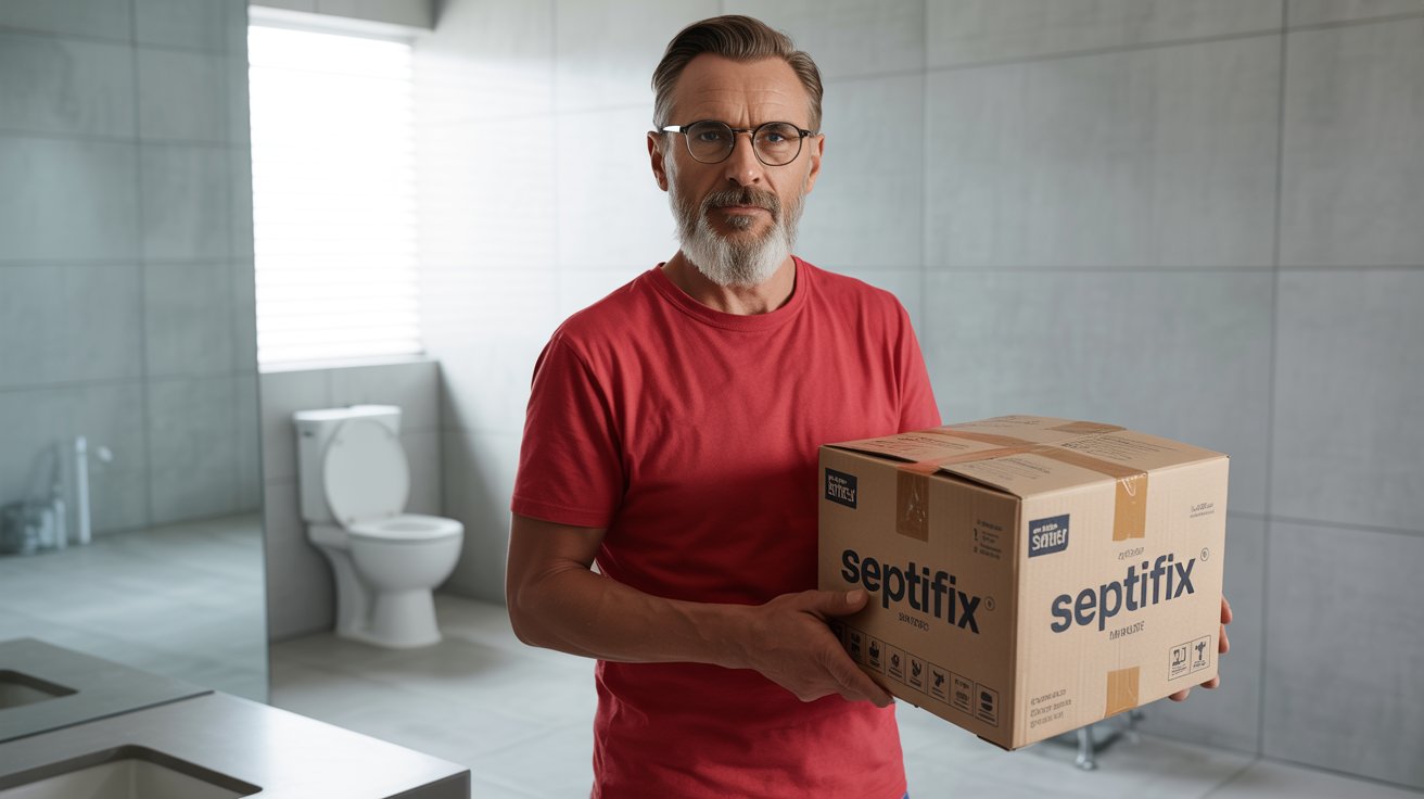 A photograph of a middle-aged man with a neatly trimmed salt-and-pepper beard and rectangular glasses, wearing a vibrant red t-shirt and standing in a modern, minimalist bathroom. He confidently holds a slightly worn cardboard box labeled “SEPTIFIX” with visible creases and tape, positioned slightly to his right. The bathroom features stark white tiles, a sleek chrome sink, and a modern white toilet subtly blurred in the background, all illuminated by soft, diffused light streaming from a nearby window. The overall scene evokes a sense of quiet practicality and understated confidence.