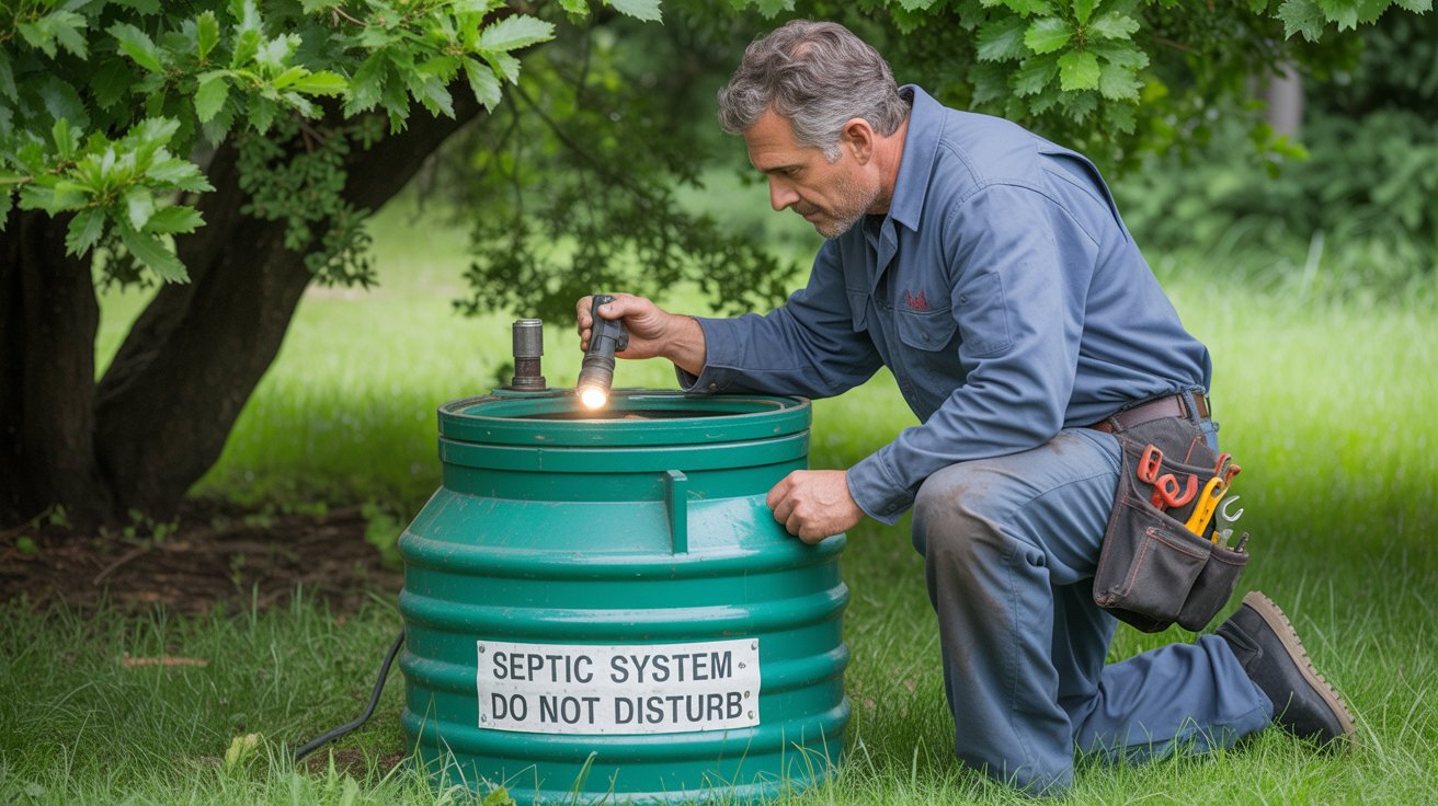 A photograph of a middle-aged plumber meticulously inspecting a bright green septic tank riser in a lush backyard. The plumber, dressed in a slightly worn navy blue work uniform and a tool belt laden with various wrenches, is kneeling on the damp grass, his focused gaze illuminated by a flashlight beam directed into the riser. The riser itself is marked with faded white lettering that reads "“Septic System - Do Not Disturb”" and stands out against the dense green foliage of towering oak trees overhead, casting dappled sunlight across the scene. Soft, diffused light filters through the leaves, highlighting the corrugated texture of the tank and creating a peaceful, slightly overgrown atmosphere.