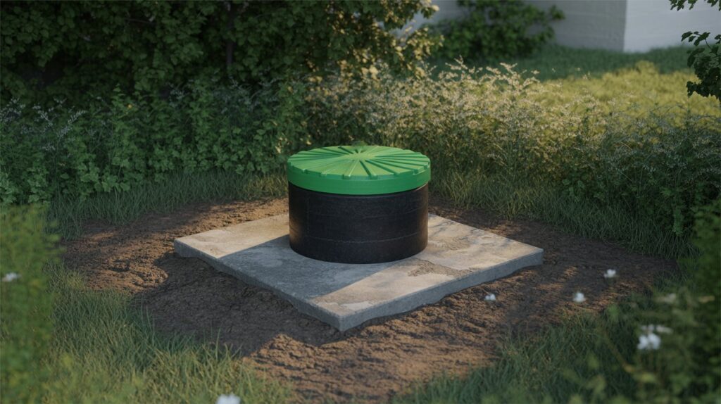 A detailed comparison of different septic tank riser materials, showcased in a clean, well-lit studio setting. In the foreground, four distinct riser types are displayed - concrete, plastic, fiberglass, and metal - each with their unique textures and finishes. The midground features a cutaway view of a septic tank, highlighting the riser's integration. The background is a simple, neutral backdrop, allowing the materials to take center stage. The lighting is soft and directional, accentuating the dimensional qualities of the risers. The overall composition conveys a sense of informative clarity, inviting the viewer to closely examine and compare the different riser options. A photograph of a newly installed septic tank access point prominently situated in a wild backyard. The access point features a black cylindrical tank with a vibrant, bright green lid, resting securely on a weathered concrete slab. Surrounding the slab is a dense patch of overgrown vegetation, including tall grasses and wildflowers that sway gently in the breeze. Soft, diffused sunlight filters through the trees, casting long shadows across the scene and highlighting the contrast between the man-made structure and the natural environment.