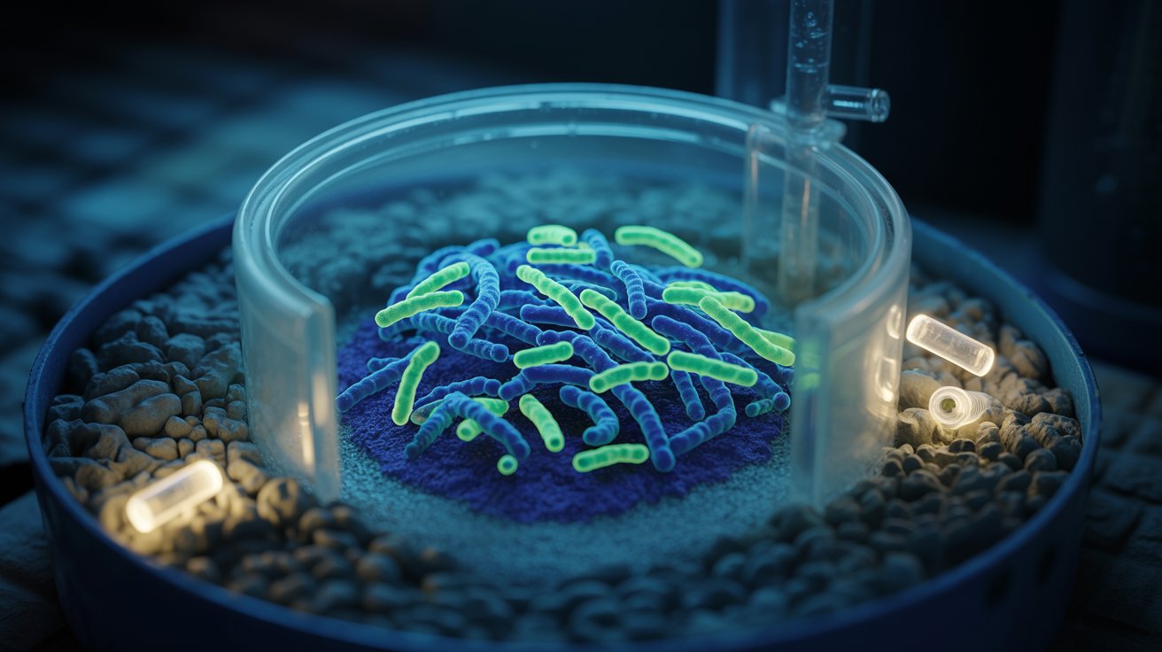 A photograph of a vibrant colony of bacteria thriving within a translucent, miniature replica of a septic tank. The bacteria exhibit a swirling, luminescent pattern, showcasing various shapes and sizes in shades of electric blue and neon green. Surrounding the bacterial colony are tiny, detailed representations of gravel and pipes, illuminated by a soft, diffused light emanating from below. The overall scene is captured with a shallow depth of field, emphasizing the intricate details of the microscopic world within “septic tank”.