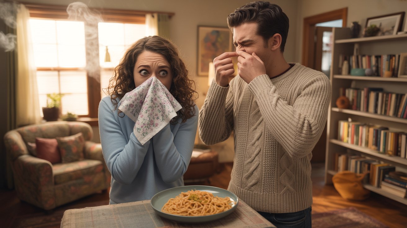 A photograph of a young couple standing in their cozy living room, visibly reacting to a pungent smell. The woman has curly brown hair and is making a comical face while holding a floral patterned handkerchief over her nose, and the man beside her is wearing a knitted sweater and grimacing while pinching his nostrils shut. A half-eaten plate of spaghetti sits on a nearby coffee table, emitting an unpleasant aroma, with sunlight streaming through a window, illuminating dust particles dancing in the air. The room has a warm, inviting feel despite the comical situation, featuring a worn armchair and bookshelves filled with colorful books.
