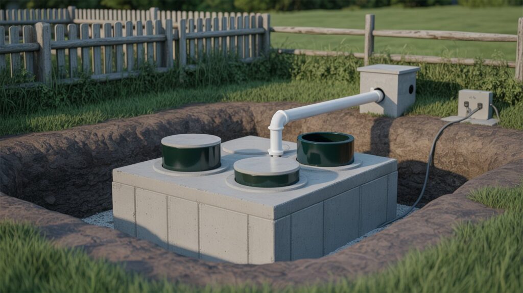 A sprawling underground septic system, its intricate network of pipes and tanks emerging from the earth. In the foreground, a cutaway view reveals the inner workings - a maze of filters, baffles, and distribution boxes, all working in harmony to process and disperse wastewater. In the middle ground, lush greenery and rolling hills frame the scene, suggesting a serene, rural setting. Warm, golden sunlight filters through, casting soft shadows and lending an air of natural tranquility. The angle is slightly elevated, allowing for a comprehensive view of this alternative septic system, its components meticulously detailed, showcasing the innovative engineering that makes it a viable option where traditional leach fields are not feasible. A photograph showcases a newly installed Aerobic Treatment Unit nestled within a rural residential landscape. The centerpiece is a large, rectangular concrete basin, partially recessed into the earth and capped with multiple circular concrete lids, accented by two dark green cylindrical components positioned over distinct compartments. A white PVC pipe runs along the basin’s top, connecting these compartments, while a small concrete control box sits nearby alongside a subtle electrical junction box. Surrounding the basin, a mix of fresh grass, exposed soil, and a weathered wooden fence in the background establish a sense of recent construction and a quiet, functional setting under soft daylight.