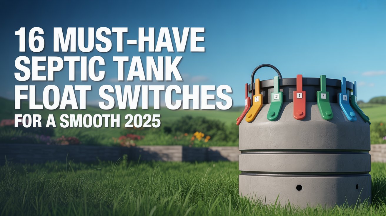 A Pinterest-style graphic titled "16 Must-Have Septic Tank Float Switches for a Smooth 2025" showcasing a modern, clean aesthetic. The main focus is a newly installed septic tank partially visible against a backdrop of lush green grass and a clear blue sky, subtly hinting at environmental responsibility. The tank is made of a durable-looking material, with several brightly colored float switches clearly visible, each labeled with a small, easy-to-read number. The graphic utilizes bold, eco-friendly fonts and incorporates a subtle, blurred background of a thriving garden to convey a sense of sustainable living and home maintenance.